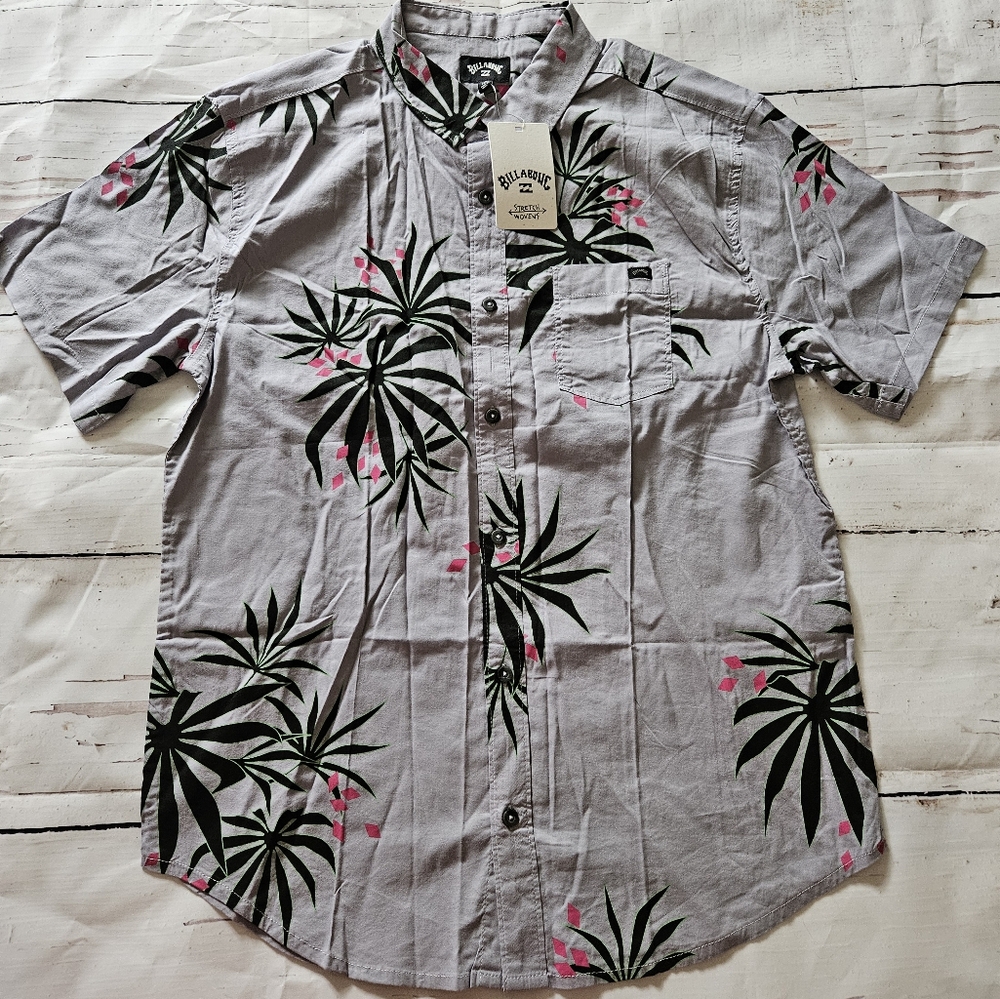New Billabong Men's Stretch Wovens Grey Floral Button Down Short Sleeve Size S
